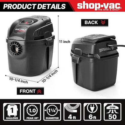 Shop-Vac 2021005 1 Gallon Micro Wet/Dry Vacuum, 1.0 Peak HP, 1.25 Inch Diameter x 4 Foot Hose, 6 Food Cord, Lightweight and Portable, Quick Wet/Dry Pickup