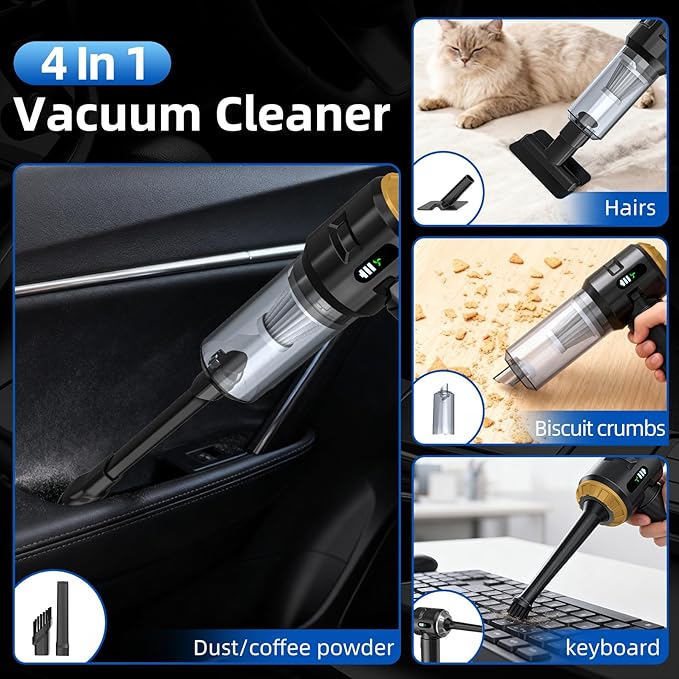 Sycoodeal Handheld Car Vacuum Cleaner, 25000PA Strong Cyclonic Suction Portable Mini Vacuum Cordless with Digital Display Lightweight for Pet Hair, Car, Home, Office, Kitchen (Gold)