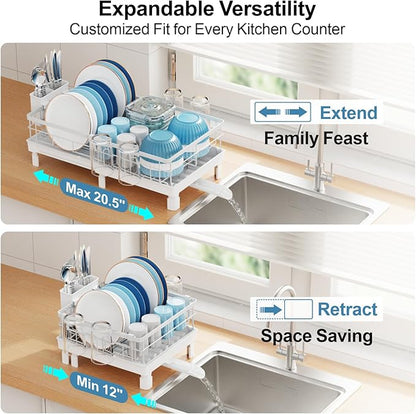 GSlife Expandable Dish Drying Rack for Kitchen Counter, 12-20.5 Inch Compact Dish Rack with Drainboard, Swivel Spout, Cup & Utensil Holder, Rust-Resistant Dish Drainer for Small Kitchen, RV, White