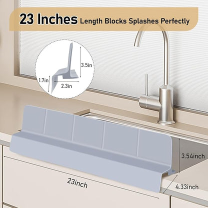 Kitchen Sink Splash Guard 23" Self-Draining Silicone Water Guard with High Splash Wall & Strong Suction Cups for Faucet, Countertop & Sink Edge, Keeps Sinks Dry, Dishwasher Safe (Gray)