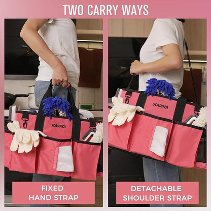 SCAVATA Wearable Cleaning Caddy Bag, Cleaning Caddy Supplies Organizer with Handle & Shoulder Straps for Housekeepers, Under Sink & Car Cleaning Tool Organizers with 4 Foldable Divider (RoseRed)