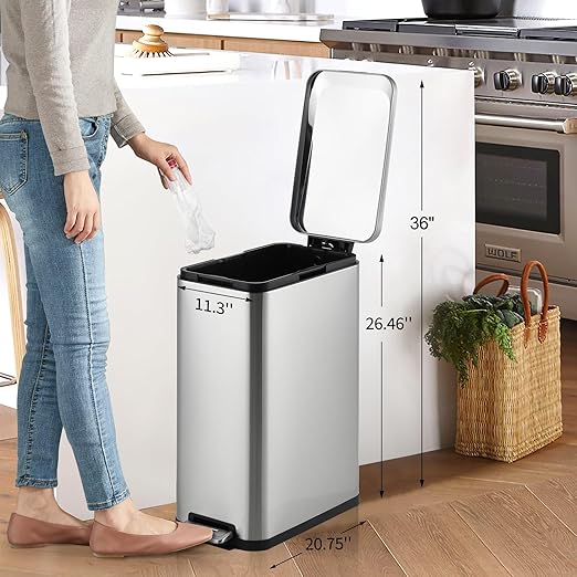 13-Gallon Kitchen Trash Can, 50-Liter Slim Stainless Steel Pedal Trash Bin, Pedal Trash Can with Soft-Close Lid, Fingerprint-Resistant, with Removable Inner Bucket, Suitable for Small Spaces,Bathroom