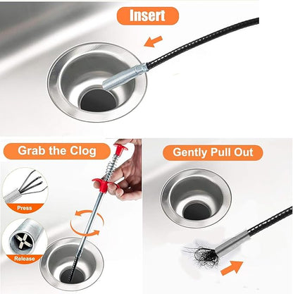 Drain Snake，Plumbing Drain Clog Remover, Gutter Cleaning Tools for Toilet Shower Kitchen Bathroom Tub, Clogged Drains Opener Cleaning Tool, Flexible Grabber Claw Pick Up Reacher (61 IN)