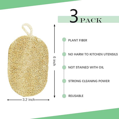 Natural Loofah Dish Sponge, Natural Kitchen Biodegradable Compostable Cellulose Loofah Scrub Sponge, Dual Sided Reusable Non Scratch Cleaning Sponge for Cleaning Kitchen, Bathroom, Household, 3 Pcs