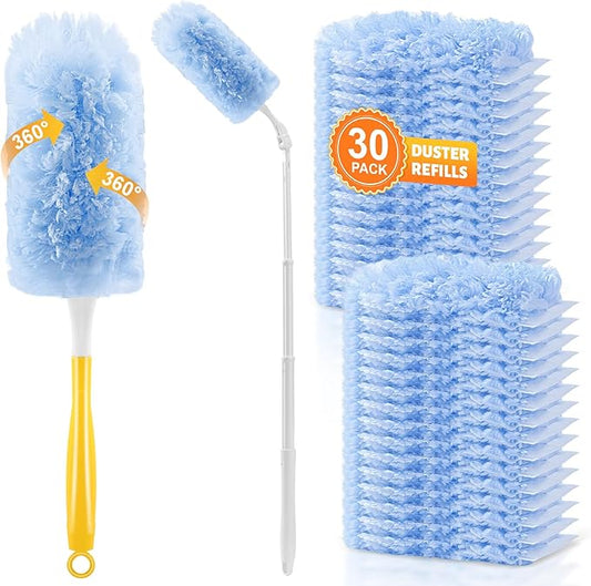 30-Pack Heavy Duty Duster Refills Compatible with Swiffer, 3FT Extendable Handle, 5X Multi-Surface Microfiber Duster for Home, Fans, Blinds, Vents & Car Cleaning