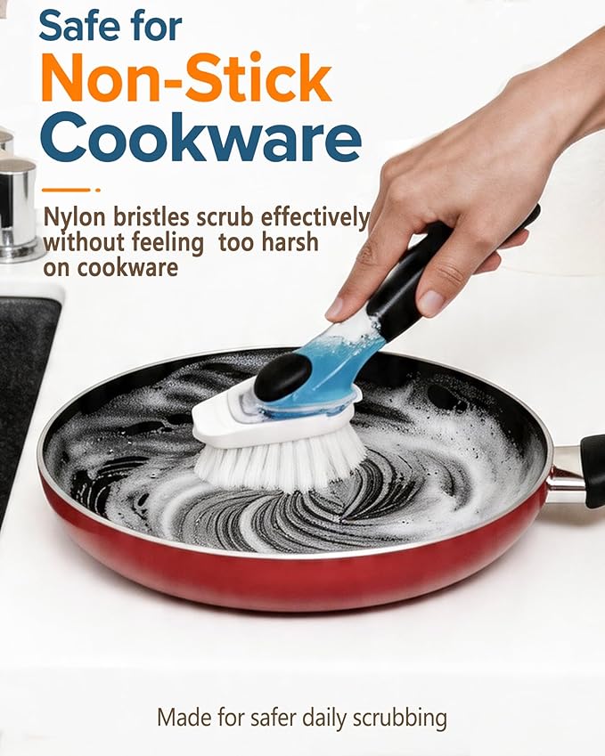 Dish Brush Refills, Dish Scrubber Replacement Heads Compatible with OXO Soap Dispensing Dish Brush, Nylon Bristles with Built-in Scraper, Suitable for Non-Stick Cookware, 4 Pack