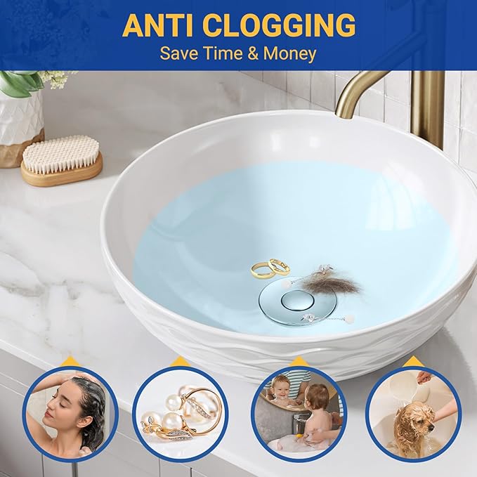 Bathroom Sink Drain Strainer, Pop-Up Bathroom Sink Stopper with Removable Stainless Steel Hair Catcher Basket, Universal Fit for US Bathroom Sinks, Showers & Floor Drains (4pcs)