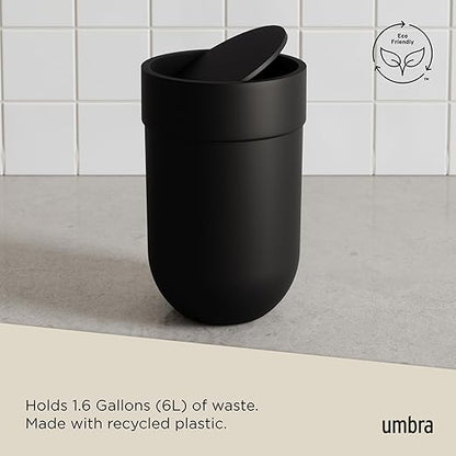 Umbra Touch Trash Can, Small 1.6-Gallon Garbage Bin with Swing Lid, Waste Basket for Bathroom or Office, Black