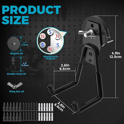 8Pcs Large Strong Magnetic Hooks Heavy Duty Garage Big Magnet Hooks Extra Strength Magnetic Utility Storage Hook Hanger with Anti Slip Coating for Garden Indoor Outdoor Hanging Tools Black