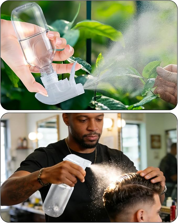 2 Pack 360° Spray Bottles, 10 oz Plastic Small Containers with Adjustable Spray Nozzles, Spray Bottles for Hair, Cleaning Solutions, BBQ and Plants Amber