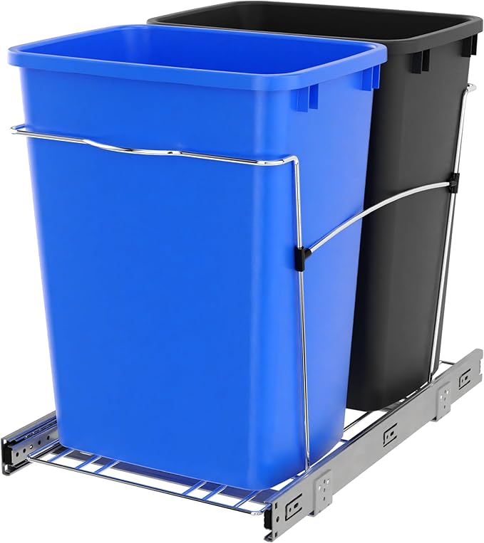 Rev-A-Shelf Double 35 Qt Pullout Trash Can for Base Kitchen Cabinets, Garbage Waste & Recycling Bin System with Full Extension Slides, Min Opening Width of 14.5", Blue/Black, RV-18KD-2218C-S