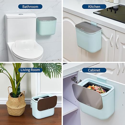 1.8 Gallon Kitchen Compost Bin for Counter Top or Under Sink, Hanging Small Trash Can with Lid for Cupboard/Bathroom/Bedroom/Office/Camping, Mountable Indoor Compost Bucket - Green