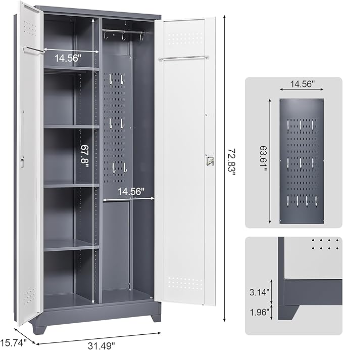 Broom Closet, 72" Broom Closet Storage Cabinet with Lock, Metal Tool Storage Cabinets with Pegboard, Cleaning Supply Storage Cabinets with Shelves for Home, Garage, Utility Room, Greywhite