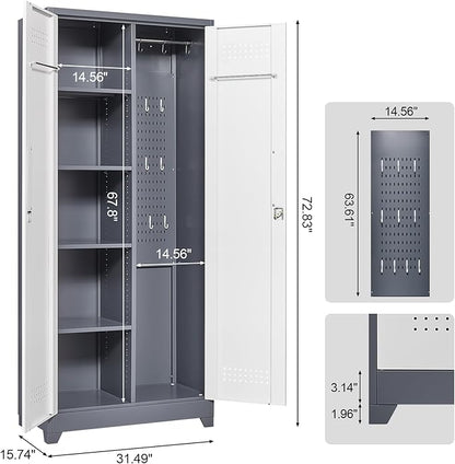Broom Closet, 72" Broom Closet Storage Cabinet with Lock, Metal Tool Storage Cabinets with Pegboard, Cleaning Supply Storage Cabinets with Shelves for Home, Garage, Utility Room, Greywhite