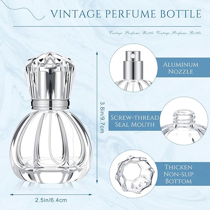 Teenyyou 12 Pack 50ml/1.7oz Refillable Glass Perfume Spray Bottles, Empty Crystal Glass Fragrance Spray Bottles Bulk, Vintage Atomizer with Refill Tool for Travel, Home Decor(Pumpkin Silver)