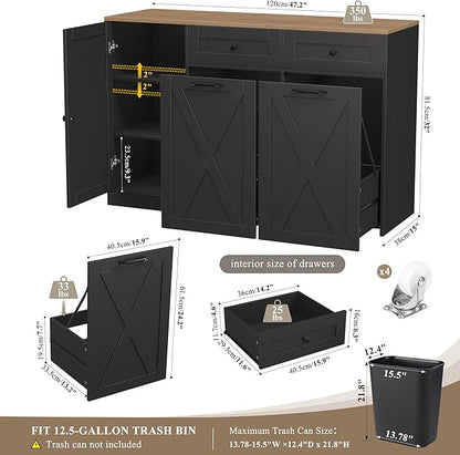 HOSTACK 12.5 Gallon Kitchen Trash Cabinet, 47" Double Trash Can Cabinet, Large Pull Out Can Storage Drawers, Wood Farmhouse Hidden Garbage Storage Buffet for Kitchen, Dining Room, Black