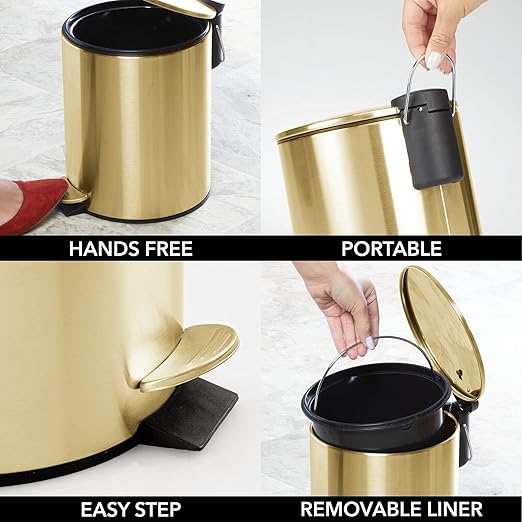 mDesign Metal 1.3 Gallon/5 Liter Round Step Trash Wastebasket, Garbage Container Bin with Lid for Bathroom, Powder Room, Bedroom, Kitchen, Craft Room, Office - Removable Liner Bucket - Soft Brass