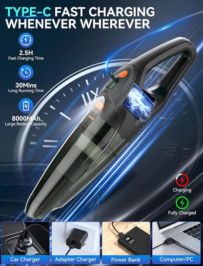 Handheld Vacuum Cordless - 25000PA Strong Suction Hand Held Car Vacuum Cleaner Portable with Multi-Nozzles - Lightweight Dust Busters Rechargeable for Home Car Office Pets 2 Levels