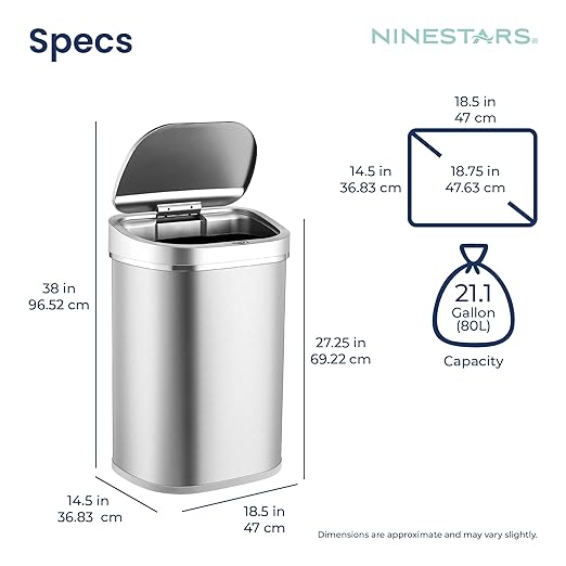 Ninestars 21 Gallons Automatic Touchless Kitchen Trash Can with Lid, Motion Sensor Trash Can for Kitchen, Living Room, Office, 80 Liter Stainless Steel Garbage Bin (21 Gallon Rectangular)