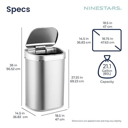 Ninestars 21 Gallons Automatic Touchless Kitchen Trash Can with Lid, Motion Sensor Trash Can for Kitchen, Living Room, Office, 80 Liter Stainless Steel Garbage Bin (21 Gallon Rectangular)