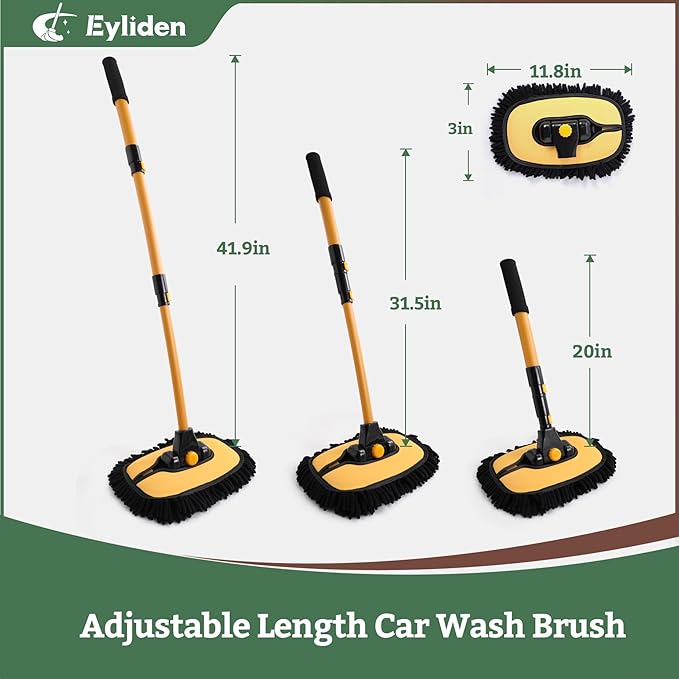 Eyliden Car Wash Brush Mop with Long Handle, 90° Swivel Head with 45° Angle Lock, 2 Scratch-Free Microfiber Heads, Car Detailing Kit for Car Truck RV, Yellow & Black