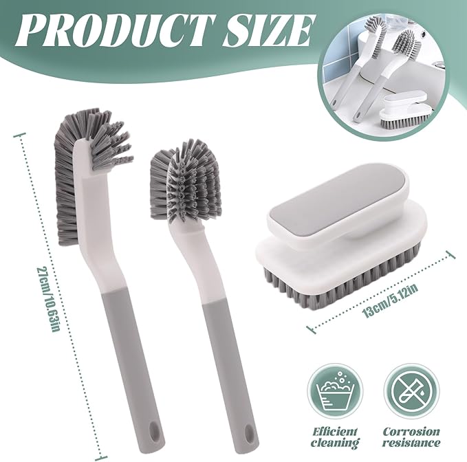 3-Piece Multi-Functional Cleaning Brushes Set - Shoe Brush, Laundry Brush, Scrub Brush for Bathroom, Toilet, Kitchen, Durable Bristles, Comfort Grip Handles