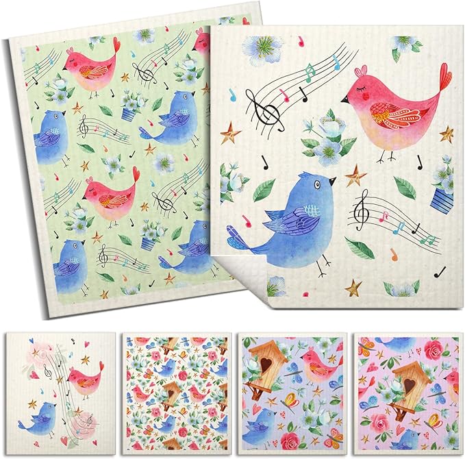 Swedish Dishcloths for Kitchen | 6 Pack Floral Reusable Paper Towels Washable | Swedish Dish Towels | Non-Scratch Cellulose Sponge Cloths | No Odor, Biodegradable Cleaning Cloths, Colorful Birds