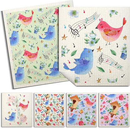 Swedish Dishcloths for Kitchen | 6 Pack Floral Reusable Paper Towels Washable | Swedish Dish Towels | Non-Scratch Cellulose Sponge Cloths | No Odor, Biodegradable Cleaning Cloths, Colorful Birds