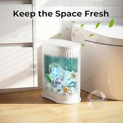 Small White Bathroom Trash Can with Press Top Lid, 1.8 Gallon Stainless Steel Garbage Can with Removable Inner Bucket, Includes 60 Trash Bags for Home Bedroom