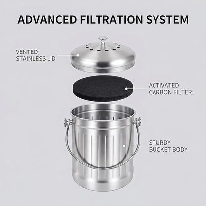 1.3 Gallons 5L Brushed Stainless Steel Kitchen Countertop Undersink Indoor Odorless Composting Compost Bin Countertop Composter with Charcoal Filter Inside Lid Brushed
