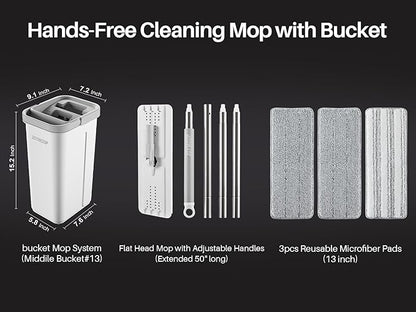 JOYMOOP Mop and Bucket with Wringer Set, Hands Free Flat Floor Mop and Bucket, with 3 Washable Microfiber Pads, Wet and Dry Use, Floor Cleaning System