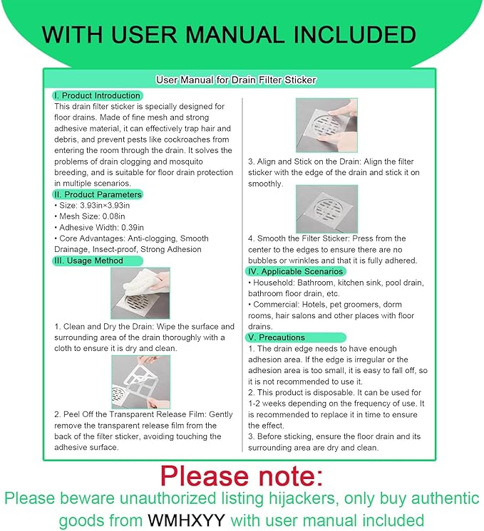 WMHXYY 60 Pack Disposable Shower Drain Hair Catcher Mesh Stickers, Square 3.93 Inches, Suitable for Drain Strainers in Bathrooms, Bathtubs, Kitchen Sinks, Washbasins.