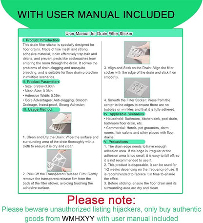 WMHXYY 60 Pack Disposable Shower Drain Hair Catcher Mesh Stickers, Square 3.93 Inches, Suitable for Drain Strainers in Bathrooms, Bathtubs, Kitchen Sinks, Washbasins.