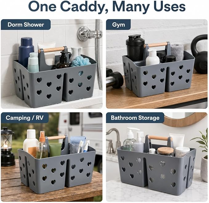 NINU Gray Portable Shower Caddy with Wooden Handle, Large Plastic Shower Basket Tote with 3 Compartments & Drain Holes, Bathroom Organizer for College Dorm, Gym, Camping, Vanity