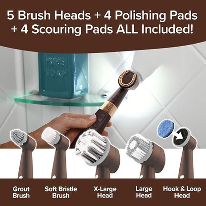 Horsepower Pocket Pony GOLD Edition Oscillating Power Scrubber w/Longer RunTime, Waterproof, Cordless/Rechargeable, Pocket-Sized, Deep Clean Tight Spaces, Grout Lines, Corners, 5 Heads & LED