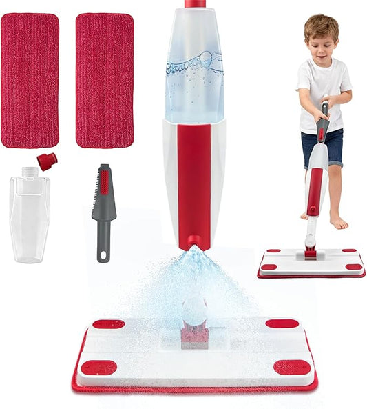 Kids Spray Mop - Fun & Educational Montessori Housekeeping Toys Mini Size Cleaning Set Includes Kids Mop with Real Water Sprayer Washable Microfiber Pads & Scraper