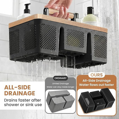 BYUNER Plastic Shower Caddy Dorm: Portable Hard Shower Basket with Handle, 4 Divided Compartments, All-Side Drainage, Bathroom & Cleaning Caddy for College Dorm Room Essentials, Black/wood grain