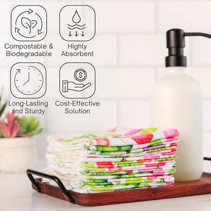 Reusable Paper Towels (12"x10”) - Soft Absorbent 100% Washable Paper Towels - Reusable Paper Towels Washable w/Cardboard Roll - Reusable Napkins (Summer Radish, 12x10inch)