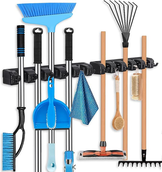 HYRIXDIRECT Broom Hanger Wall Mount Broom and Mop Organizer Wall Hanging Garden Tool Organizers Rack Garage Laundry Room Organizations and Storage with Hooks Heavy Duty