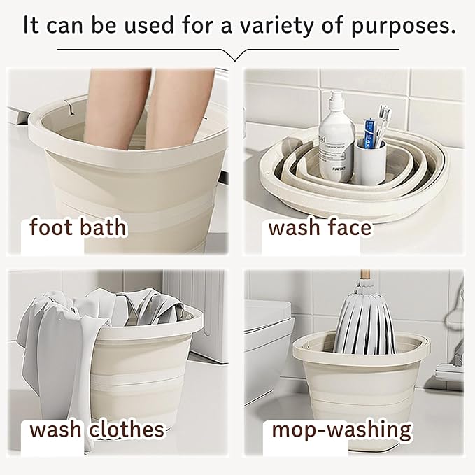 Folding Bucket, Water Bucket, 5L, 10L, Thick, Multi-Functional, Convenient, Foot Bath, Square, Stylish, Camping, Laundry, car wash, Foot Bath, Fishing (Beige*2)