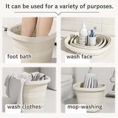 Collapsible Utility Bucket with Handle, 10L Sizes, Multi-Purpose for Foot Bath, Cleaning, Storage, Beige (Grey+Beige)