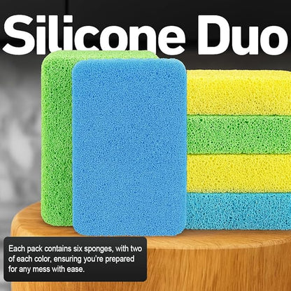 Casanero 6 Pack Silicone Dish Sponges, Heavy Duty Non Scratch Sponges for Dishwashing, Reusable Household Cleaning Sponges for Kitchen, Countertop, Bathroom, Non Stick Cookware or Car