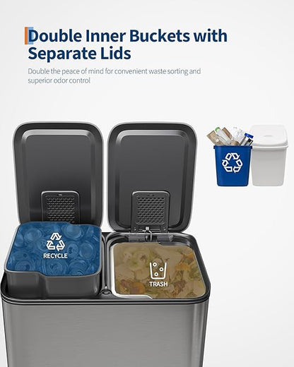 2 x 8 Gal (2 x 30 L) Dual Compartment Trash Can - Stainless Steel Garbage Recycling Bin with Soft Close Lids, Removable Liner Buckets, 16 Gallon/60 L Step on Kitchen Waste Container - Silver