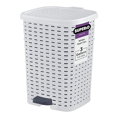 Superio Small Outdoor Trash Can with Lid for Dog Poop 3 Gallon/12 L Mini Plastic Garbage Can with Foot Pedal for Bathroom, Bedroom, Office, Patio, Wicker Smoke