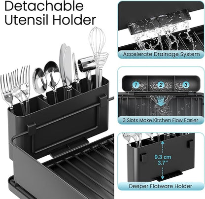 Stainless Steel Dish Drying Rack - Large Capacity Dish Rack for Kitchen Counter with Drain Board, Rustproof Dish Drainer with Drain Spout, Utensil Holder & Glass Holder, Dinnerware Organizer, Black