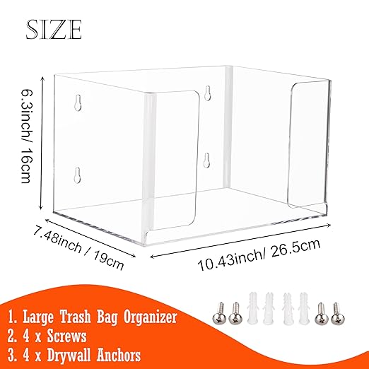Extra Large Trash Bag Dispenser Roll Holder, Wall Mount Acrylic Garbage Bag Dispenser Roll Holder for Kitchen Cabinet, Trash Waste Bin Liners Organizer Under Sink, Clear