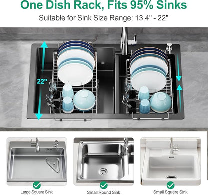 GSlife Expandable Dish Drying Rack for Large Sink- Stainless Steel Over the Sink Dish Drainer with Silicone Drying Mat and Locking Knob for Kitchen, 12.8" W x 13.4"-20.4" L, Silver