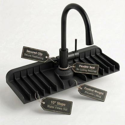 Premium Kitchen Sink Splash Guard – 16" x 5.7" Silicone Faucet Mat with Secure Pressure Clip, True 10° 3D Drainage(No Pooling), Anti-Lift Design, Flexible Leak-Sealing Ring, Non-Slip Fit Behind Faucet