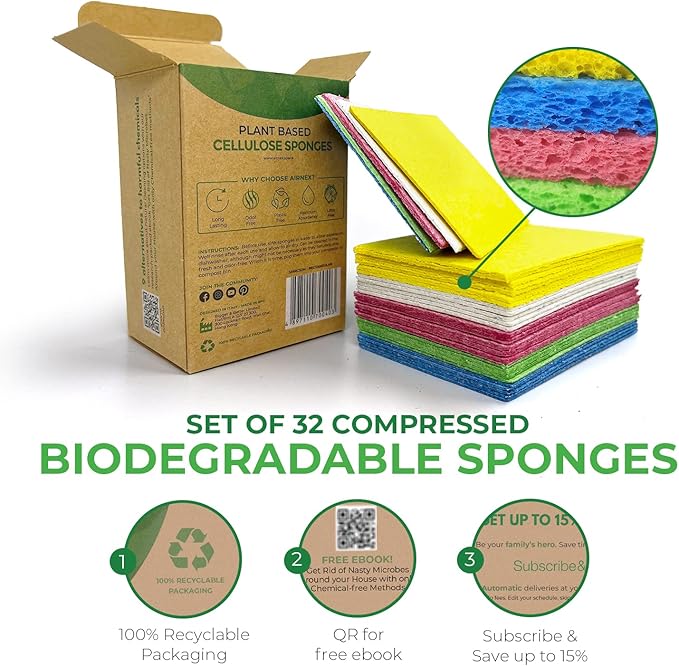 AIRNEX Compressed Cellulose Sponges - 32 Pack Natural Pop Up Dish Sponge for Kitchen - Compostable Plant-Based Cleaning Sponges Bulk – Non Scratch Natural Sponge for Dishes & Household Cleaning