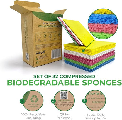 AIRNEX Compressed Cellulose Sponges - 32 Pack Natural Pop Up Dish Sponge for Kitchen - Compostable Plant-Based Cleaning Sponges Bulk – Non Scratch Natural Sponge for Dishes & Household Cleaning